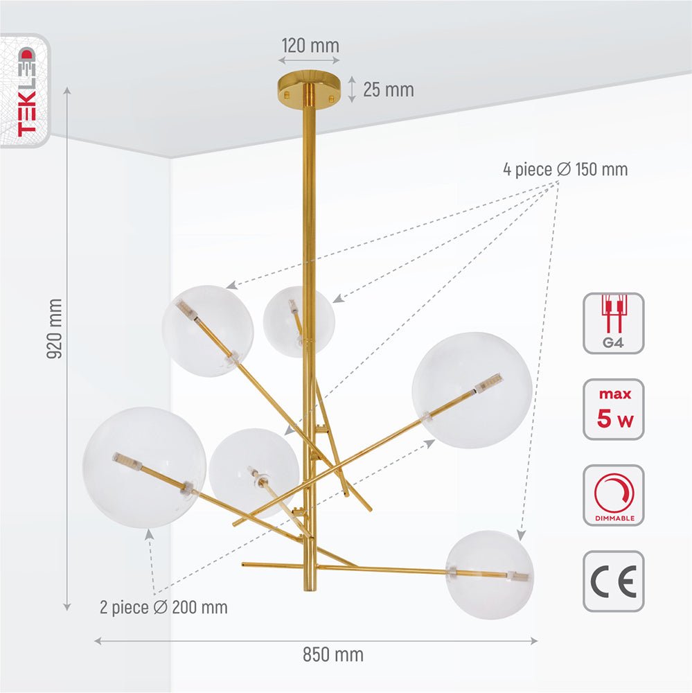 Product dimensions of golden antique brass metal clear glass globe chandelier with g4 fitting