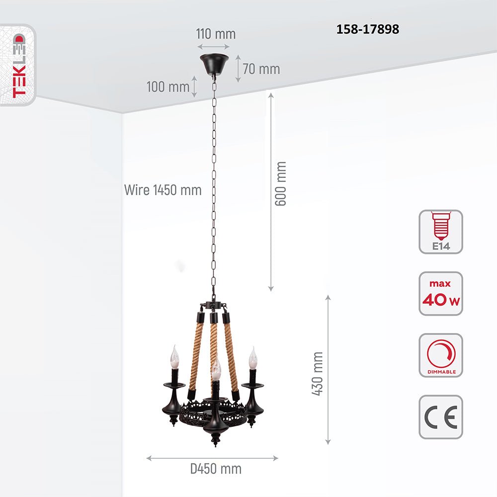 Product dimensions of matte black metal hemp rope chandelier with 3xe14 fitting