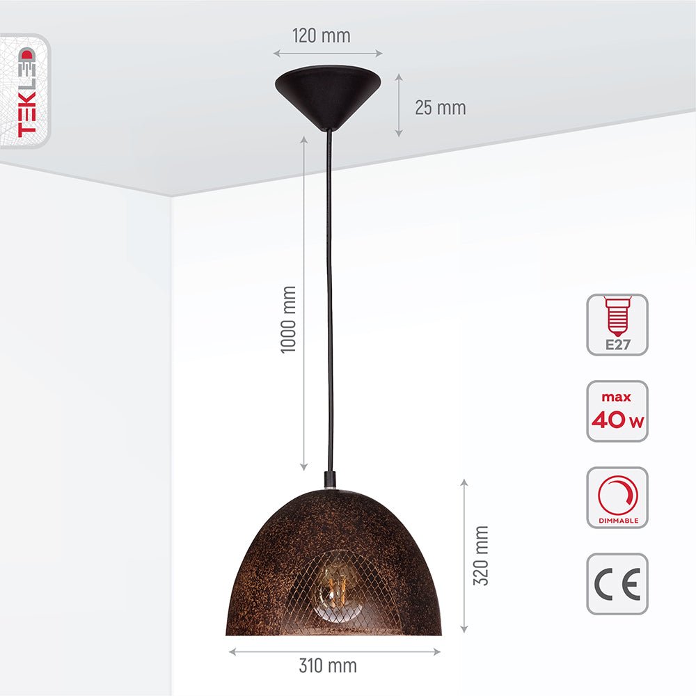 Product dimensions of rusty brown metal dome pendant light s with e27 fitting