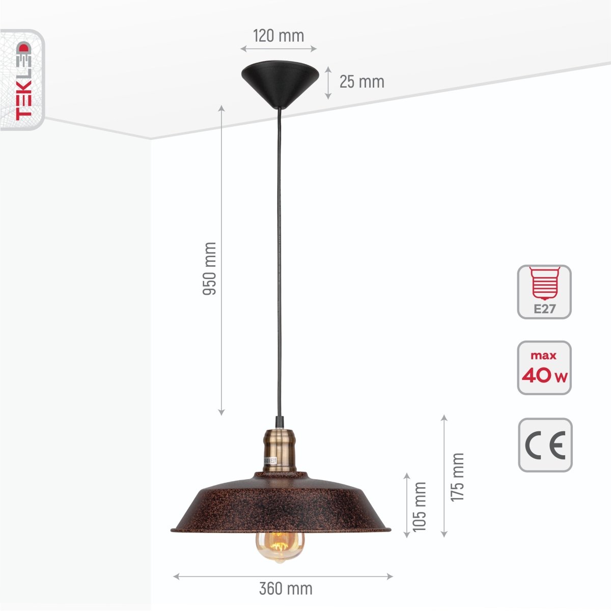 Product dimensions of rusty brown metal step flat pendant light s e27 150-18182