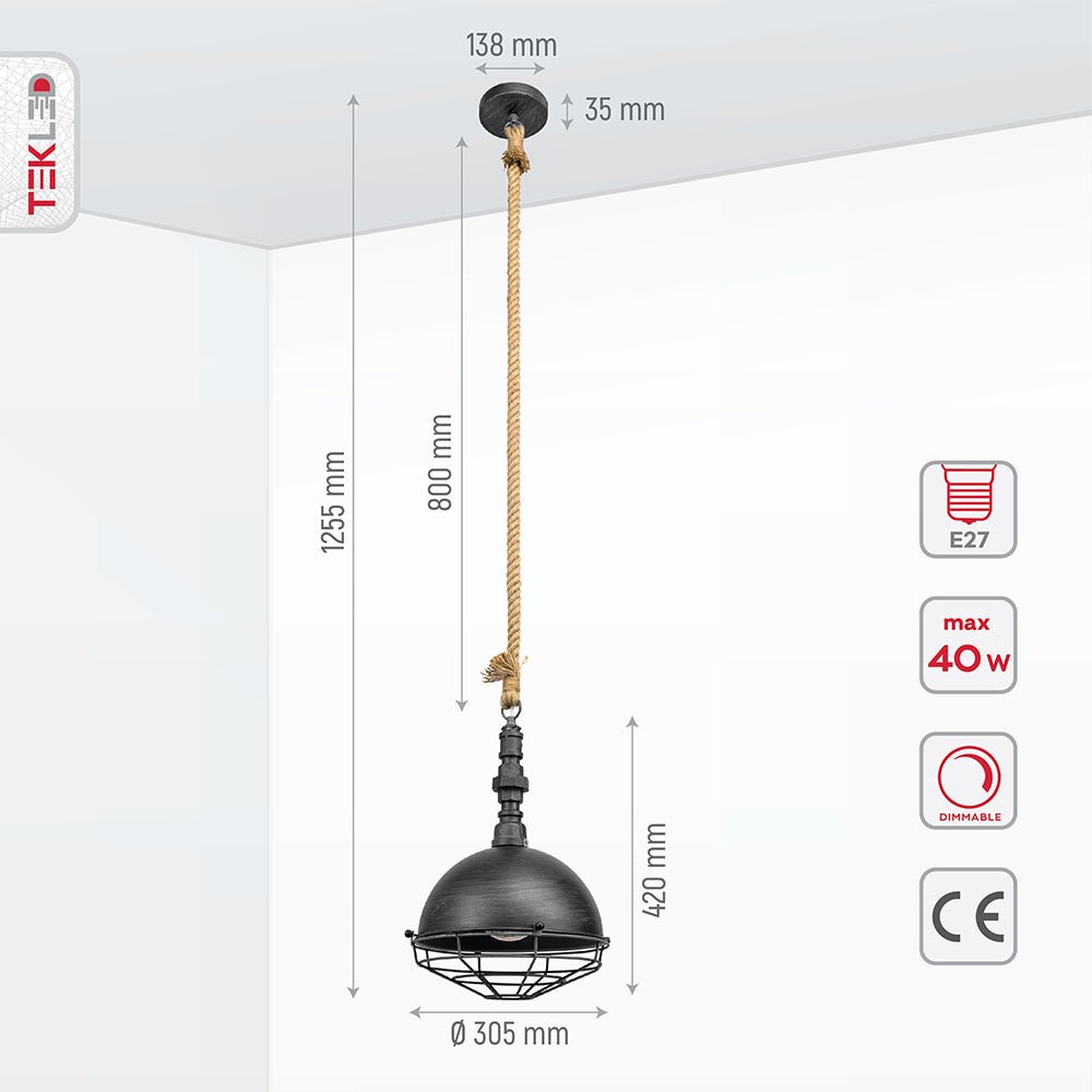 Product dimensions of silvery grey metal caged dome pendant light with e27 fitting