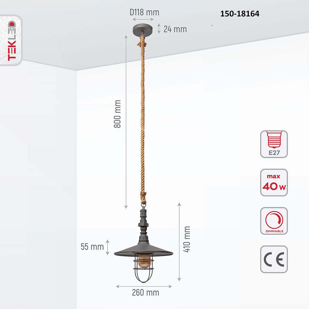 Product dimensions of silvery grey metal caged flat pendant light with e27 fitting