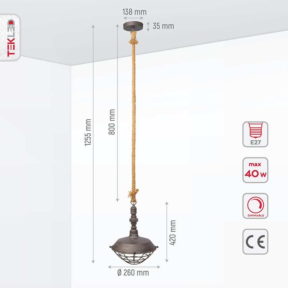 Product dimensions of silvery grey metal caged step pendant light with e27 fitting