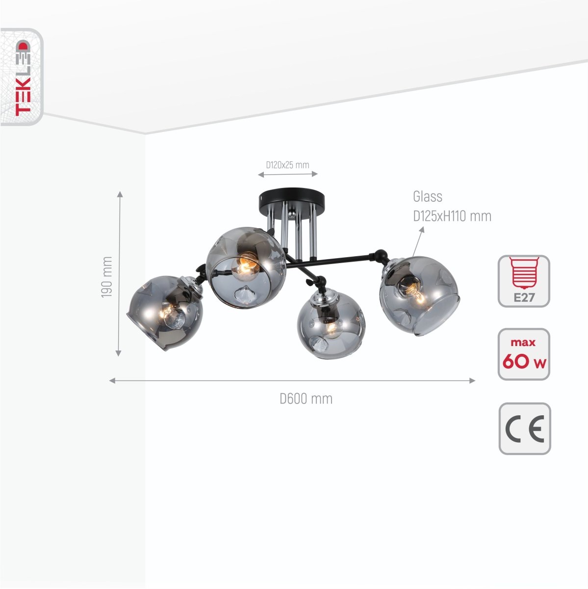 Product dimensions of smoky glass black and chrome semi flush ceiling light 4xe27