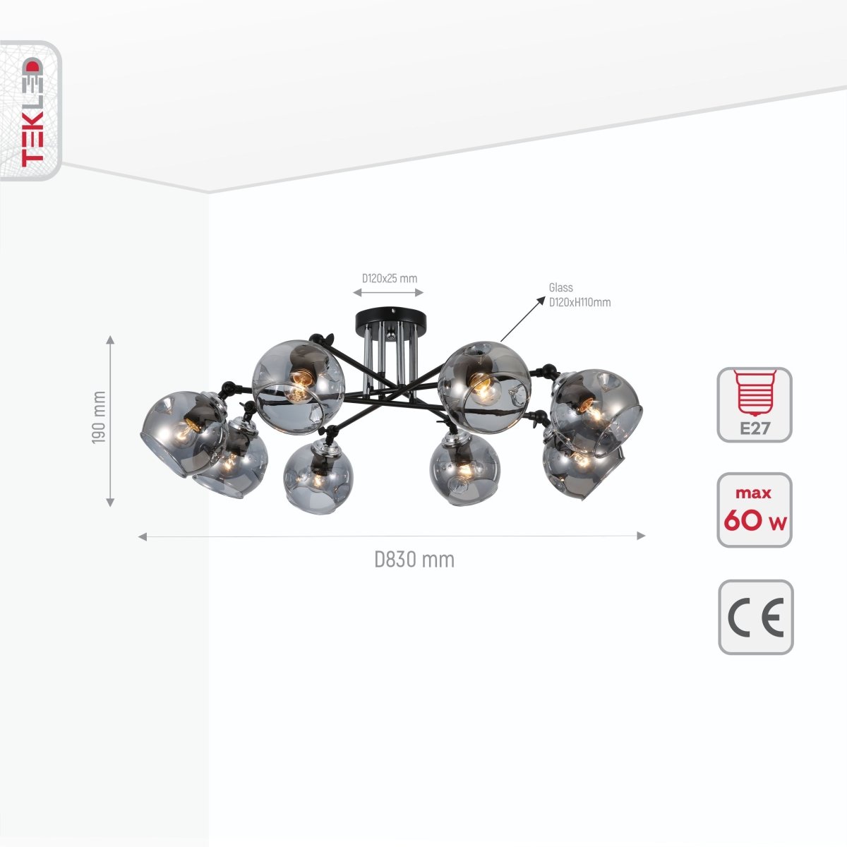 Product dimensions of smoky glass black and chrome semi flush ceiling light 8xe27