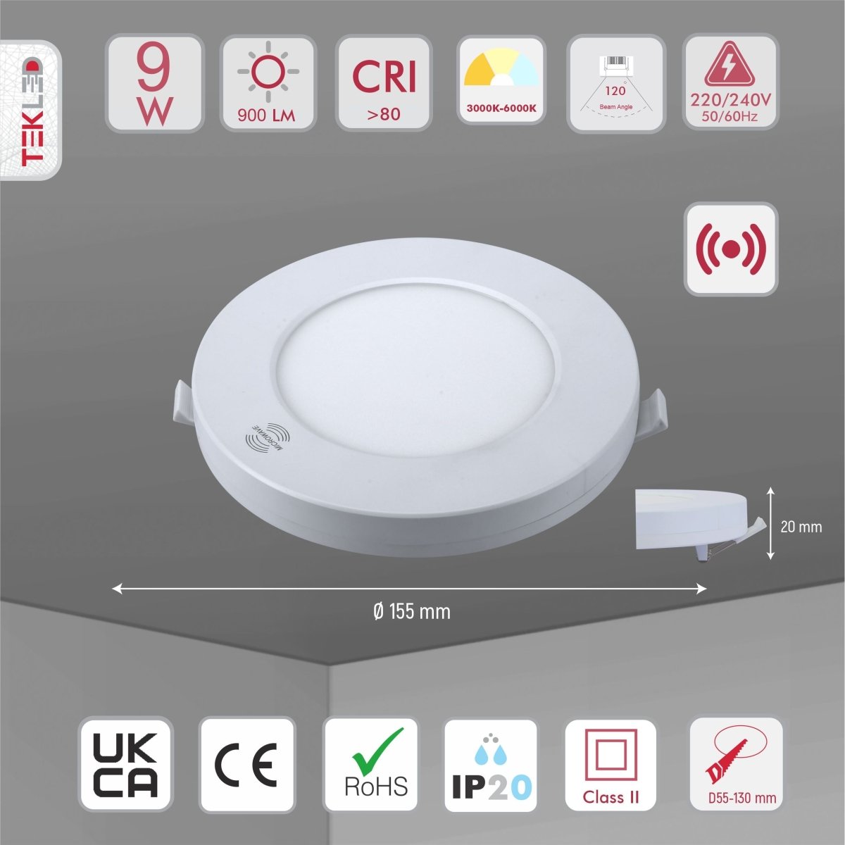 Product dimensions of universal downlight led round panel light 9w 3000-6000k warm white cool daylight