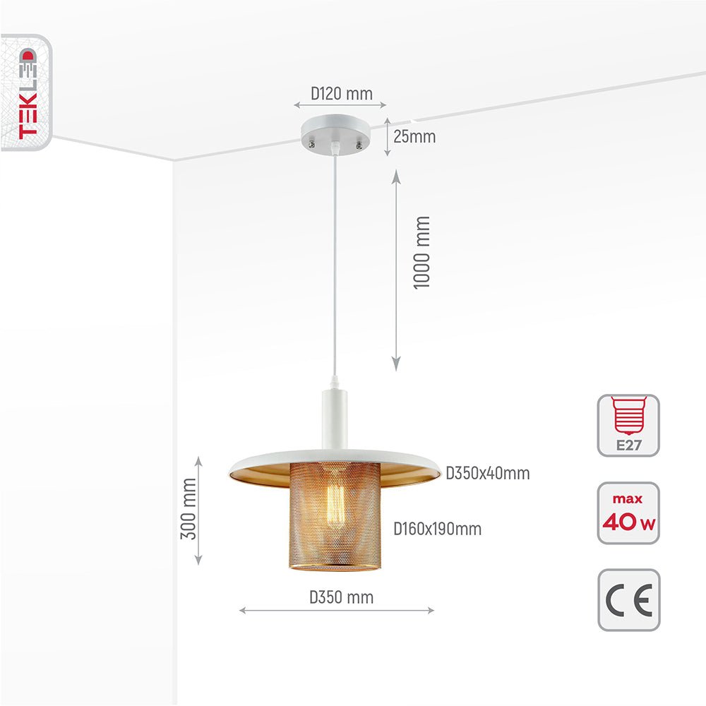 Product dimensions of white-golden metal caged flat pendant light with e27 fitting