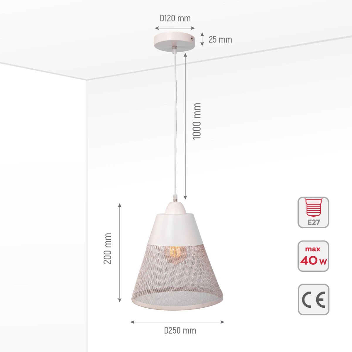 Size and specs of White Metal Funnel Pendant Ceiling Light with E27 | TEKLED 150-18065