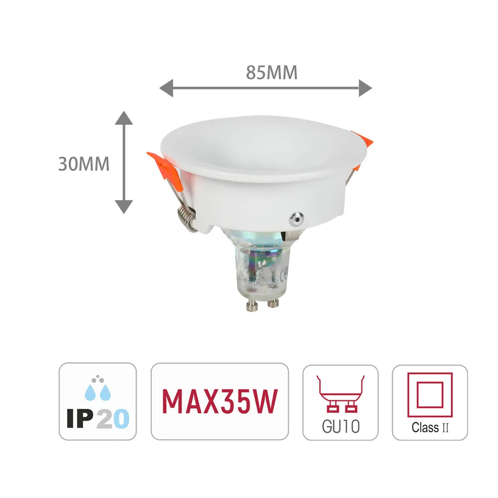 Size and technical specs of the Halo Low-Glare Fixed Recessed GU10 Downlight-143-03993