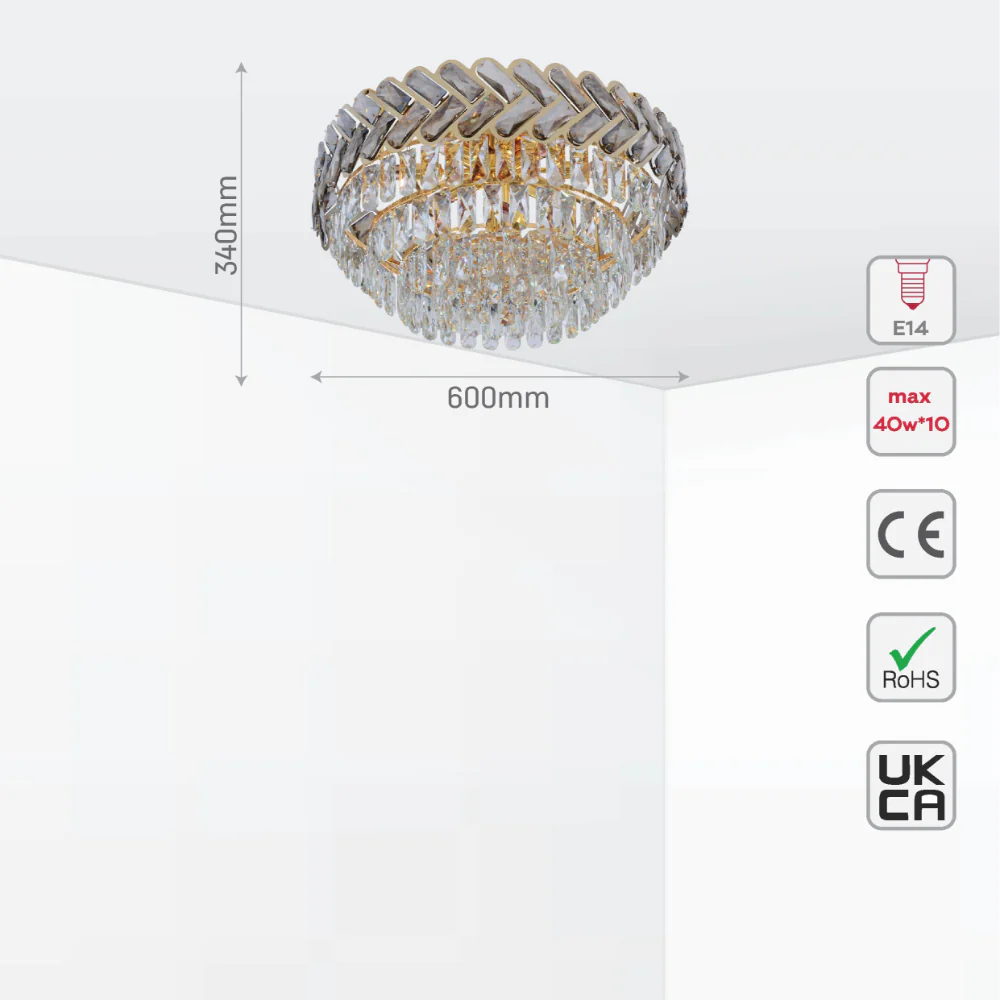 Size and tech specs of Herringbone Crystal Chandelier Ceiling Light Gold | TEKLED 159-17928