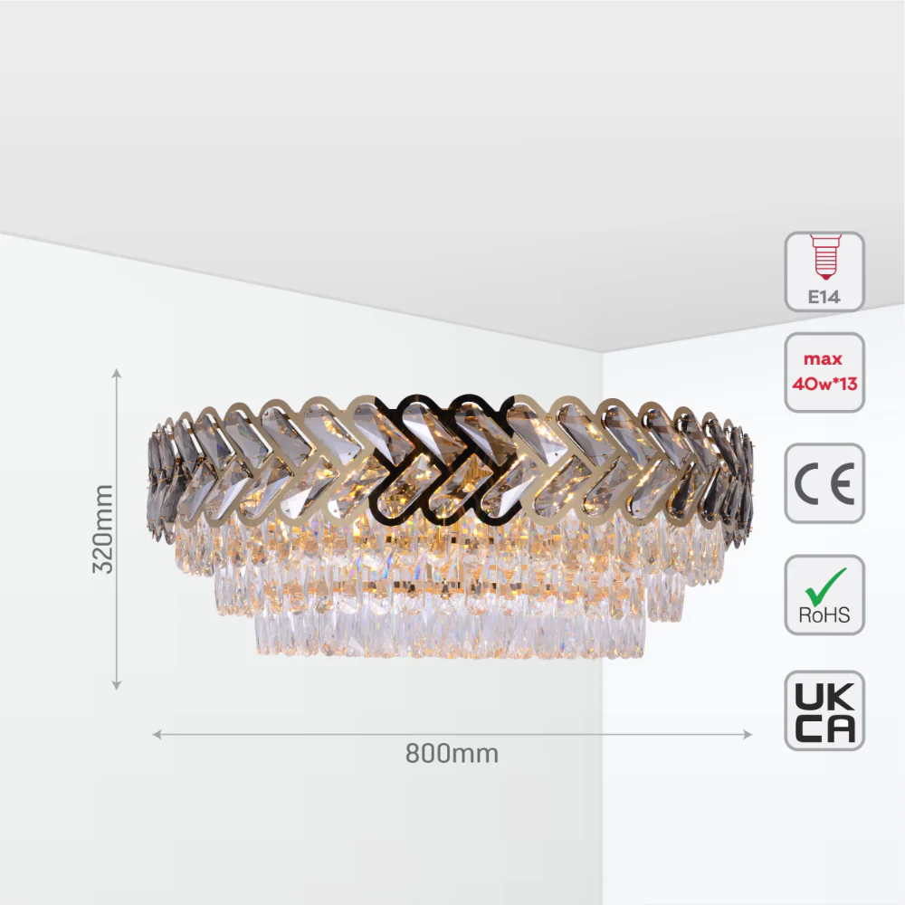 Size and tech specs of Herringbone Crystal Chandelier Ceiling Light Gold | TEKLED 159-17930