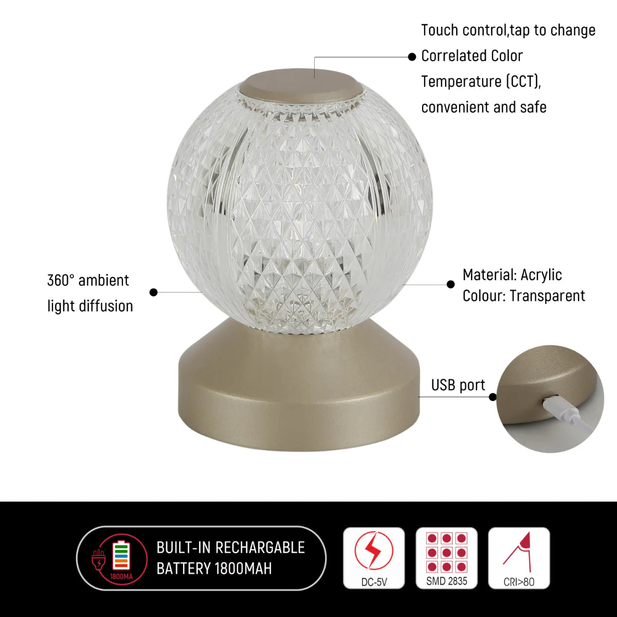 Technical specs of Illumina Sphere Touch: Rechargeable Spherical LED Lamp 130-03724