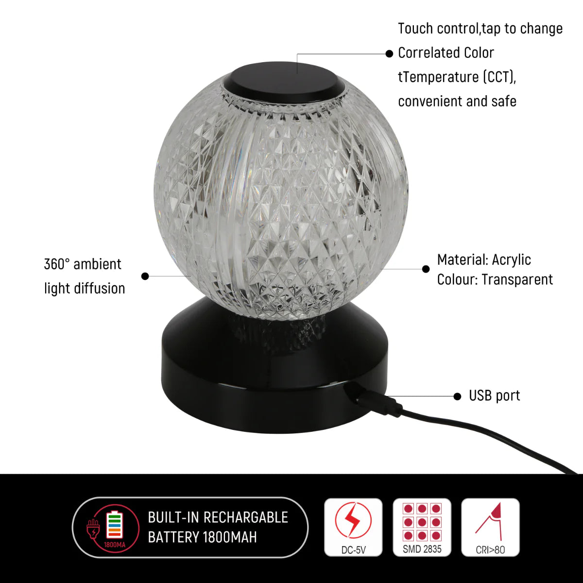 Close shots of Illumina Sphere Touch: Rechargeable Spherical LED Lamp 130-03726