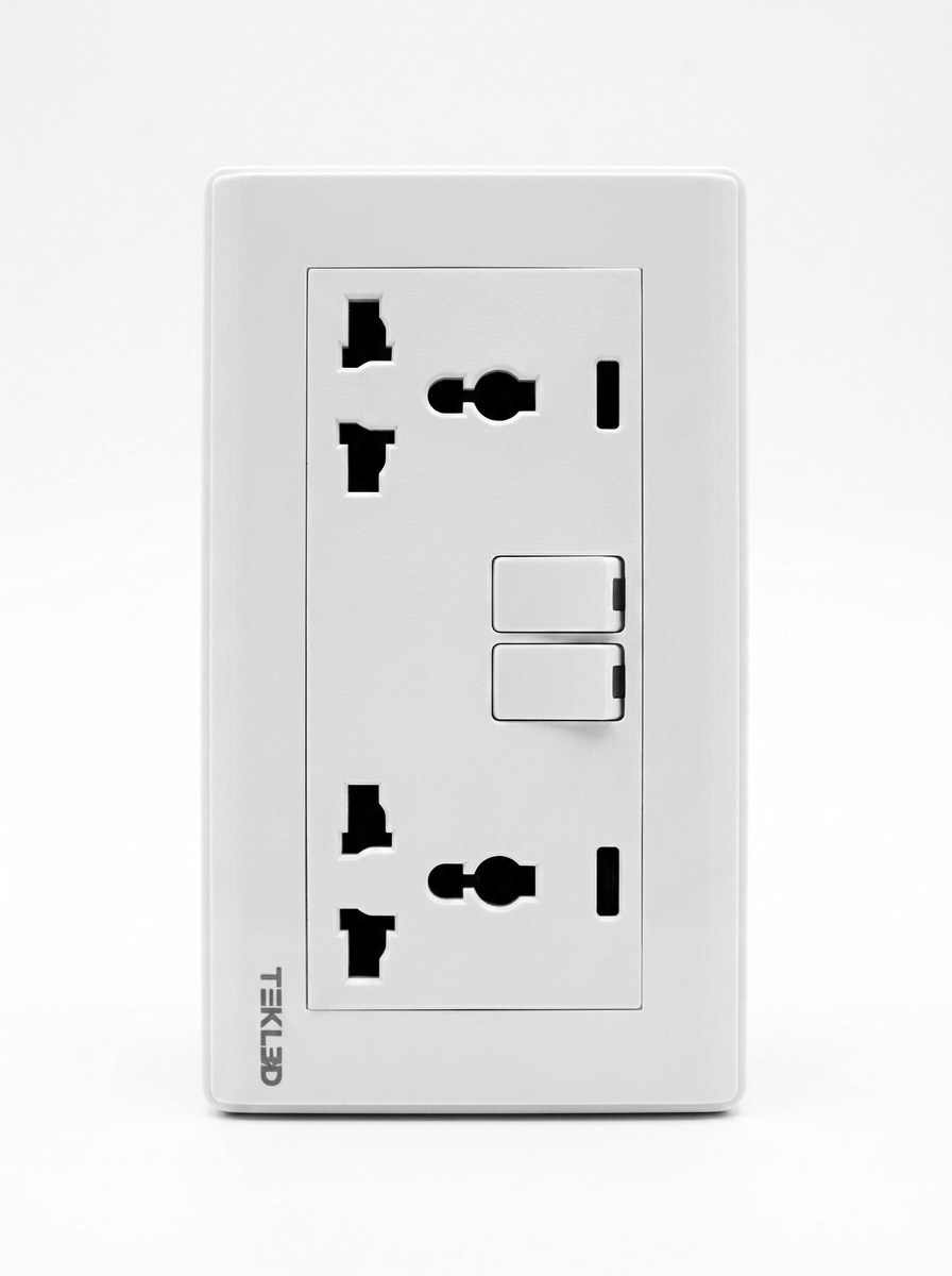 PRIME WHITE DOUBLE SWITCHED 3-PIN UNIVERSAL SOCKET WITH NEON (TEKLED)