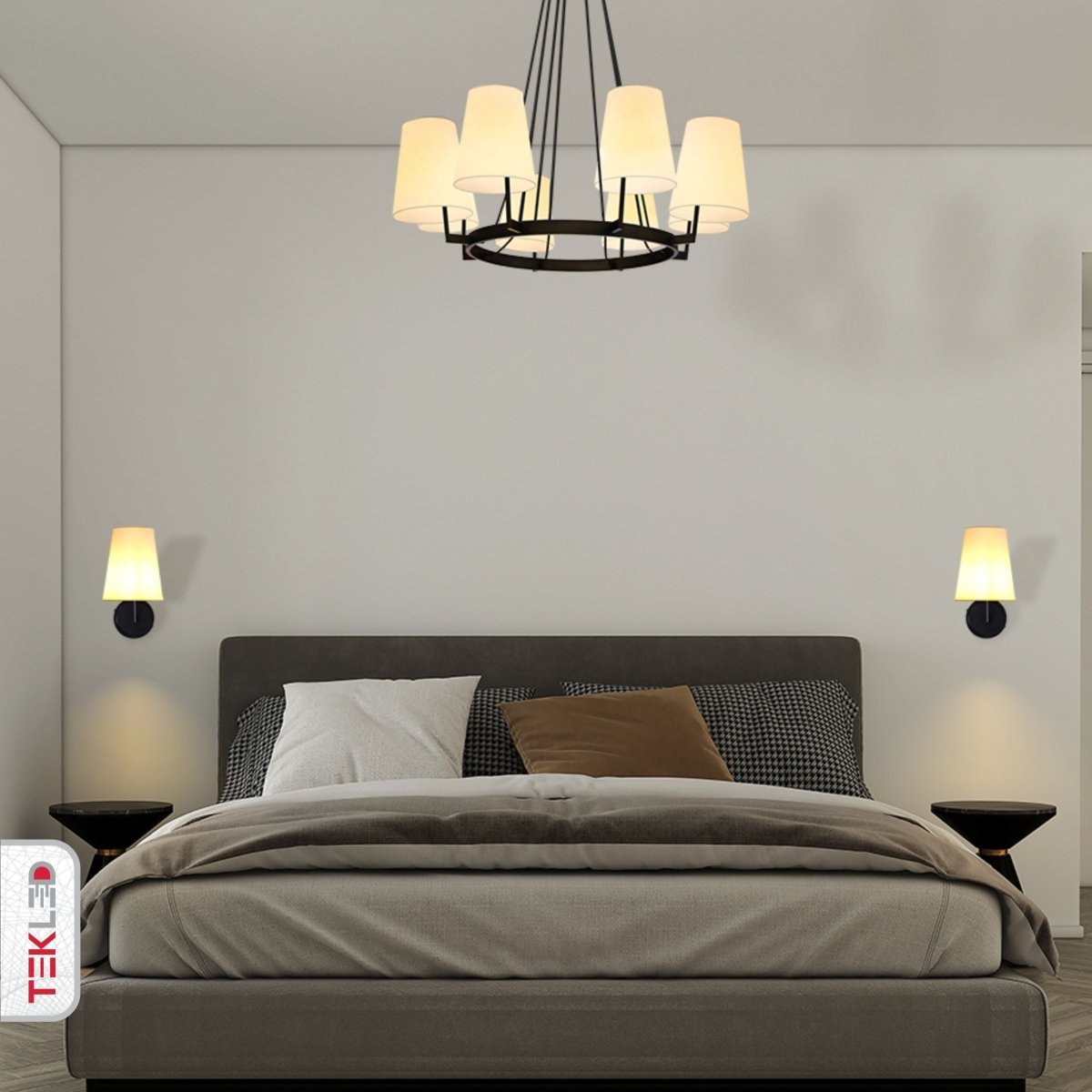 More interior usage of Beige Fabric Shade Black Metal Body Chandelier with 8xE14 Fitting | TEKLED 159-17556