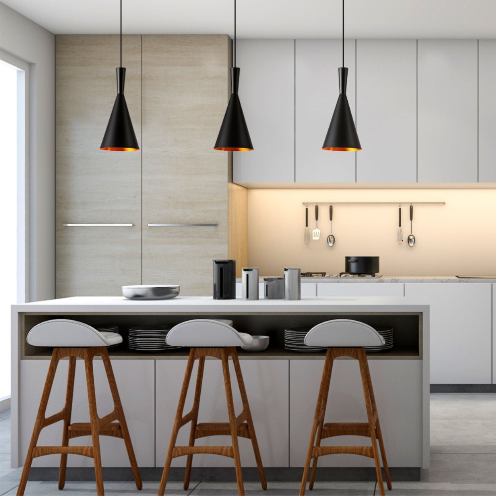 More interior usage of Penn Cone Schoolhouse Orient Flat Black Gold Metal Pendant Ceiling Light E27 | TEKLED 150-17910