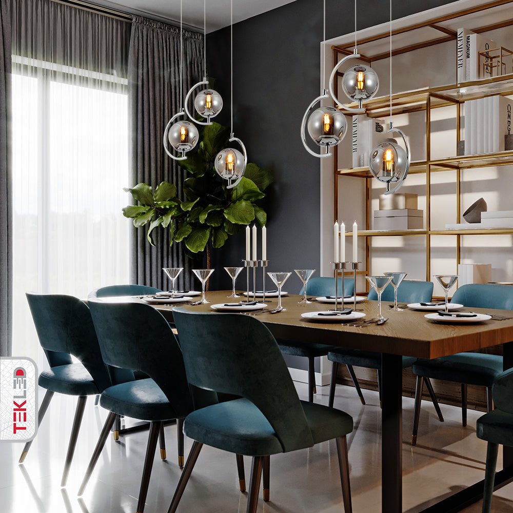 More interior usage of Smoky Globe Glass Crescent Chrome Metal Modern Ceiling Pendant Light 3xE27 | TEKLED 159-17802