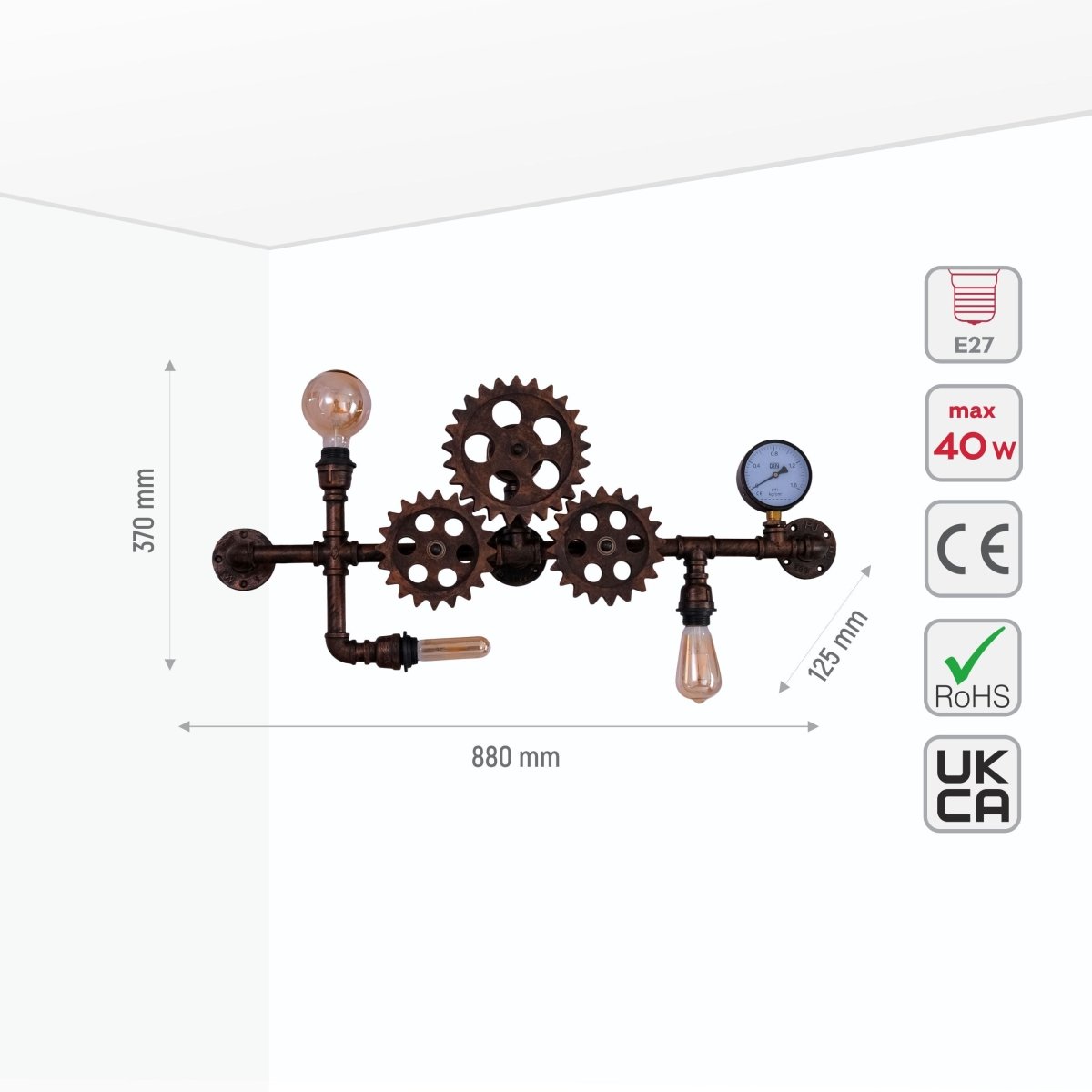 Size and specs of Industrial Design Valve Pipe Gauge Gear Metal Wall Light with 3xE27 Fitting | TEKLED 150-18128