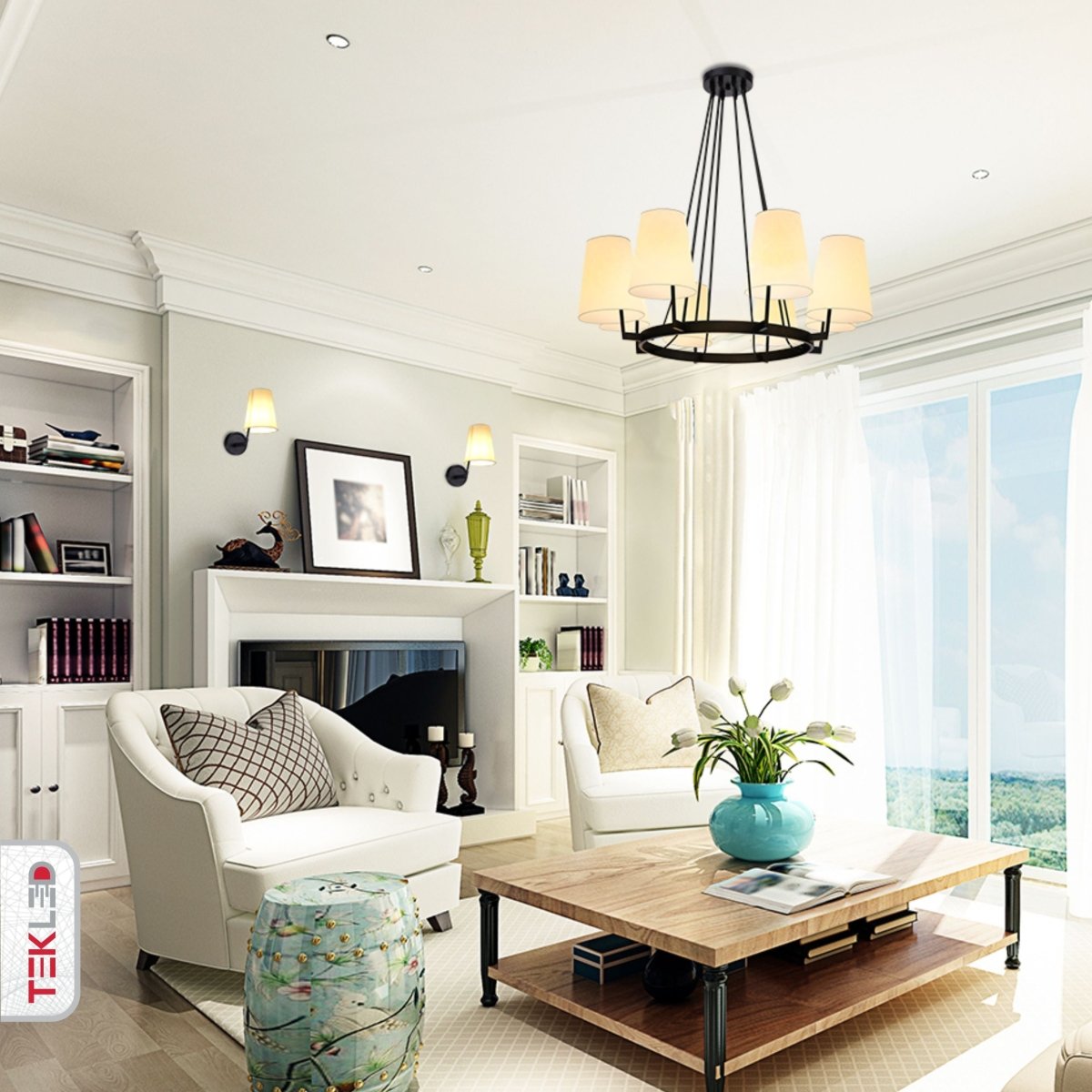 Indoor usage of Beige Fabric Shade Black Metal Body Chandelier with 8xE14 Fitting | TEKLED 159-17556