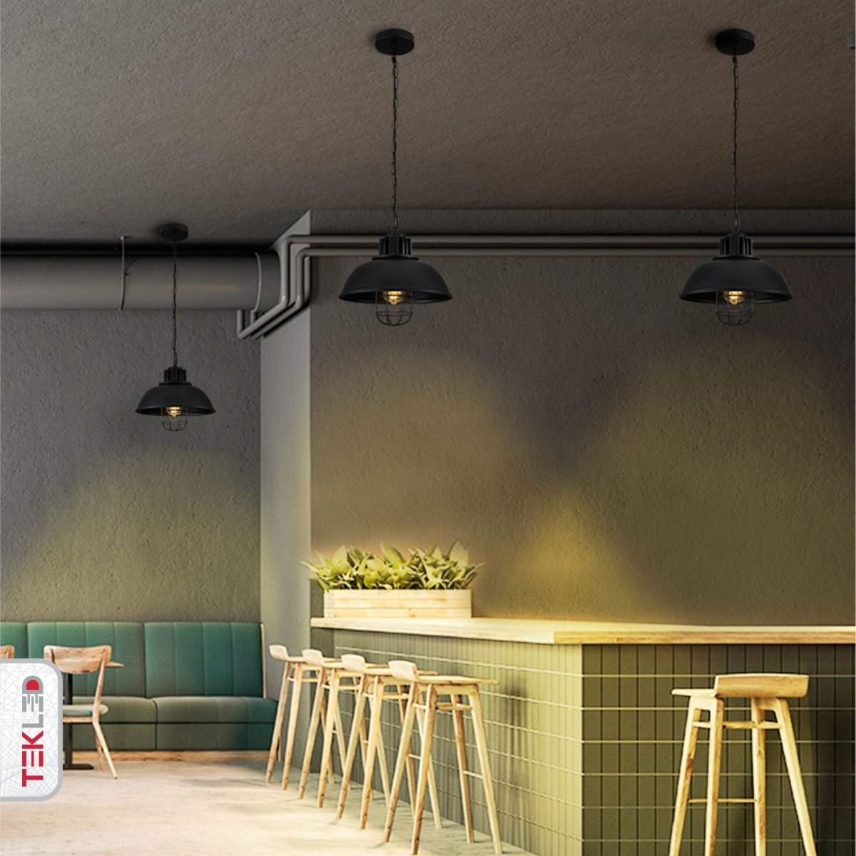 Indoor usage of Black Dome Caged Industrial Metal Ceiling Pendant Light with E27 Fitting | TEKLED 150-18352