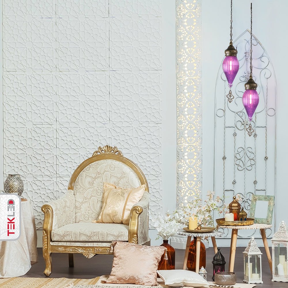 Indoor usage of Moroccan Style Antique Brass and Purple Glass Oriental Ceiling Pendant Light E27 | TEKLED 158-195583