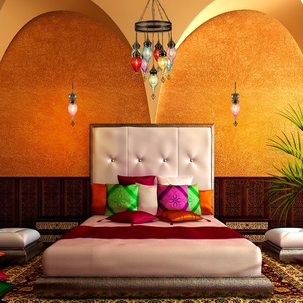 Moroccan Style Antique Brass and Multi Colour Glass Ceiling Chandelier Pendant Light E27