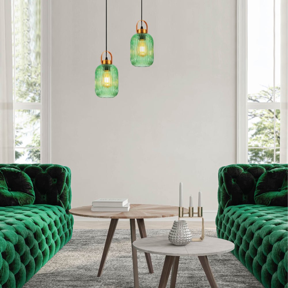 Living room usage of Sawyer Ribbed Fluted Reeded Maloto Lantern Green Glass Pendant Ceiling Light E27 Gold Handled  | TEKLED 150-18704