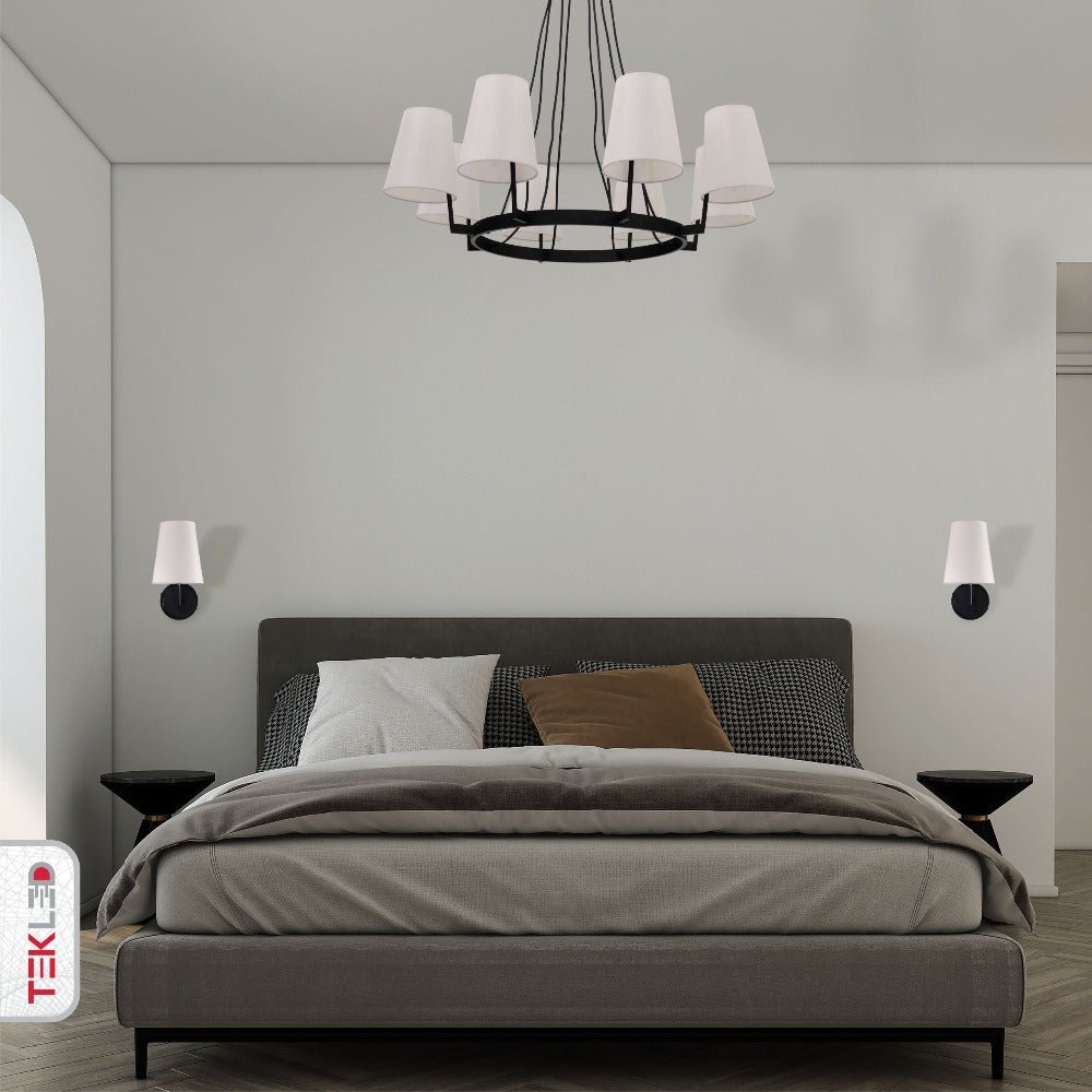 Indoor usage of White Fabric Black Metal Body Wall Light with E14 Fitting | TEKLED 151-19746