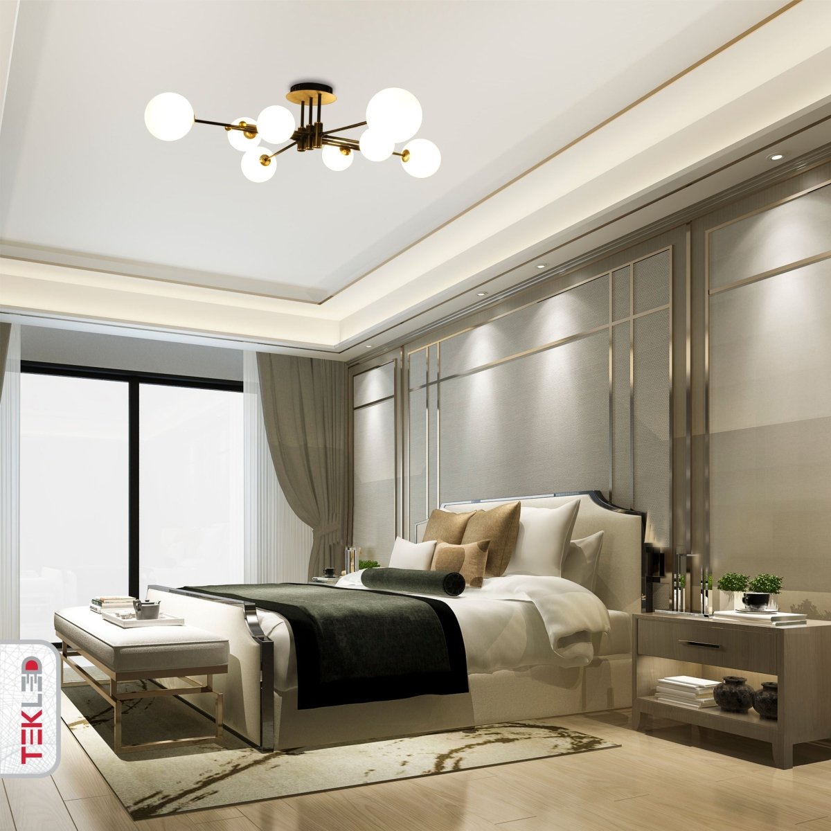 Indoor usage of White Globe Glass Black Rod Body Semi Flush Ceiling Light 3-1 with 8xG9 Fitting | TEKLED 159-17546