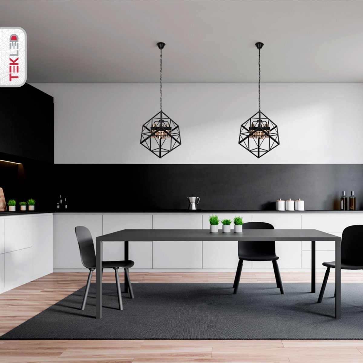 Interior application of Amber Glass Black Metal Cube Body Chandelier with 3xE27 Fitting | TEKLED 159-17400