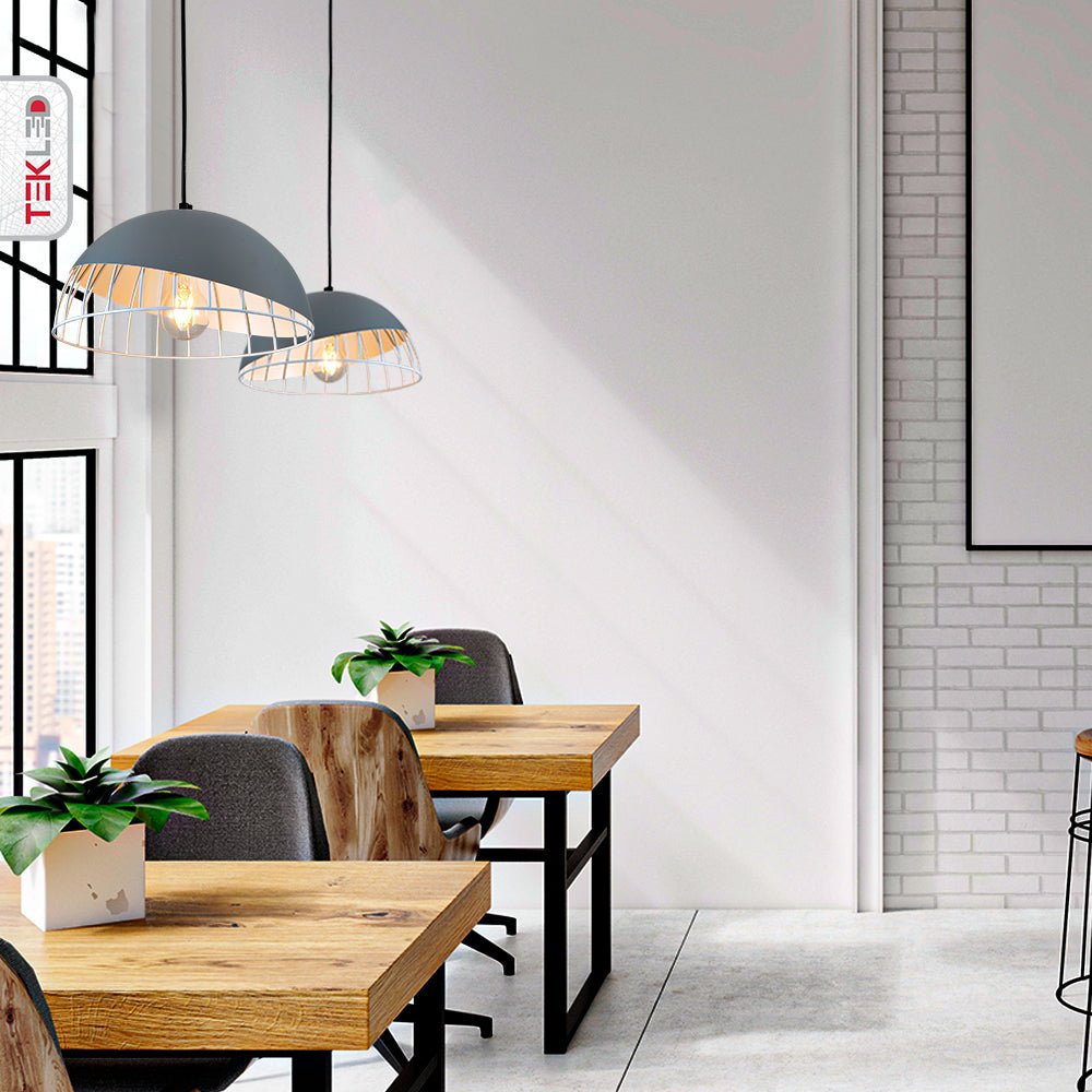 Interior application of Grey White Caged Dome Nordic Metal Ceiling Pendant Light with E27 Fitting | TEKLED 150-18392