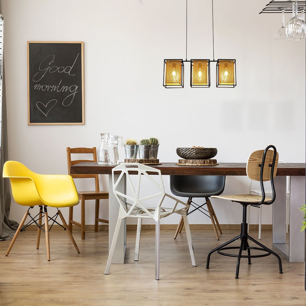 Interior application of Matte Gold Metal Shade Black Cage Kitchen Island Chandelier Ceiling Light with 3xE27 Fittings | TEKLED 150-18316