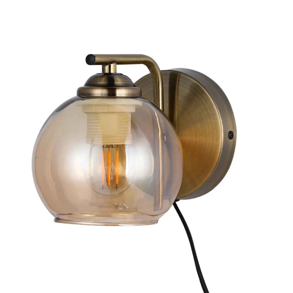 L-Shape Antique Brass Dome Glass Plug-In Wall Light