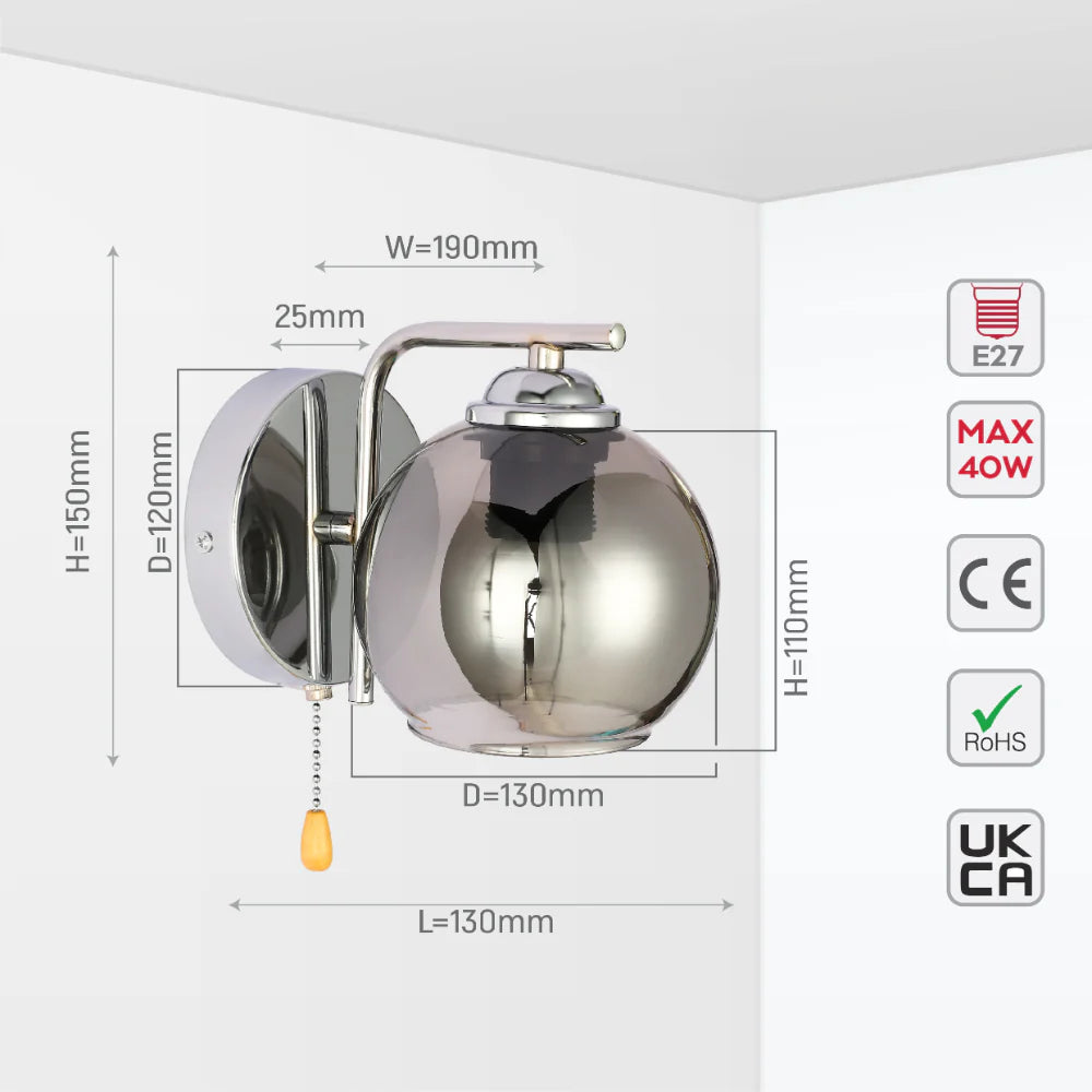 L-Shape Dome Glass Wall Light E27 with Pull Down Switch