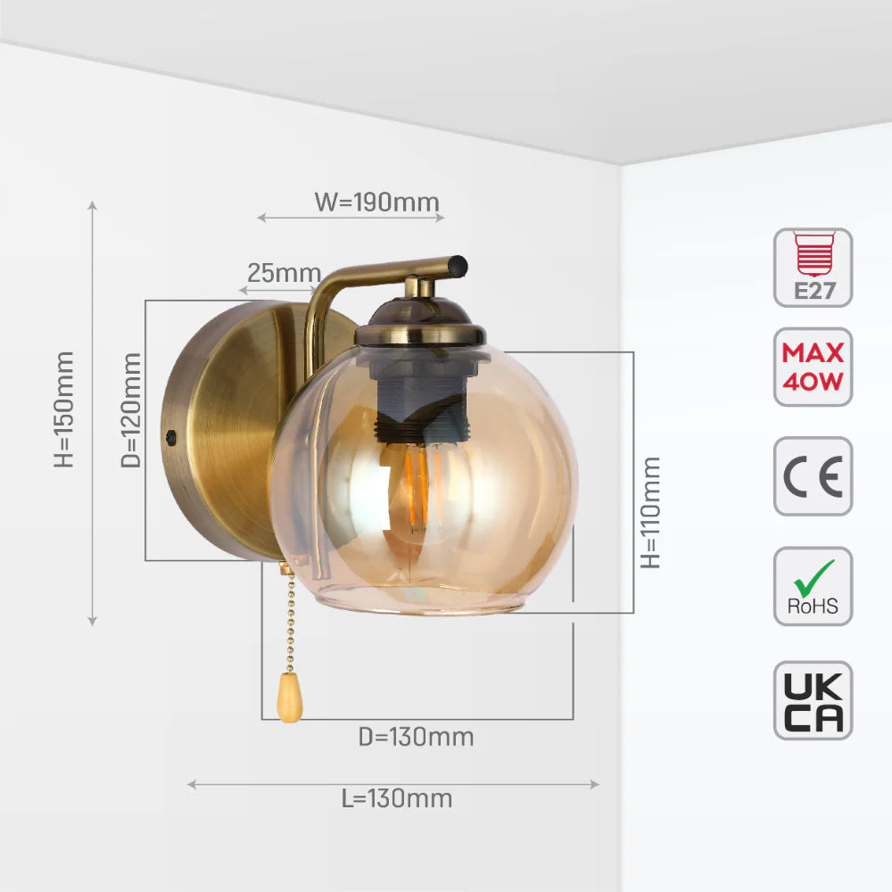 L-Shape Dome Glass Wall Light E27 with Pull Down Switch