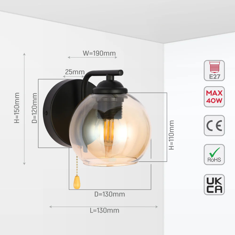 L-Shape Dome Glass Wall Light E27 with Pull Down Switch