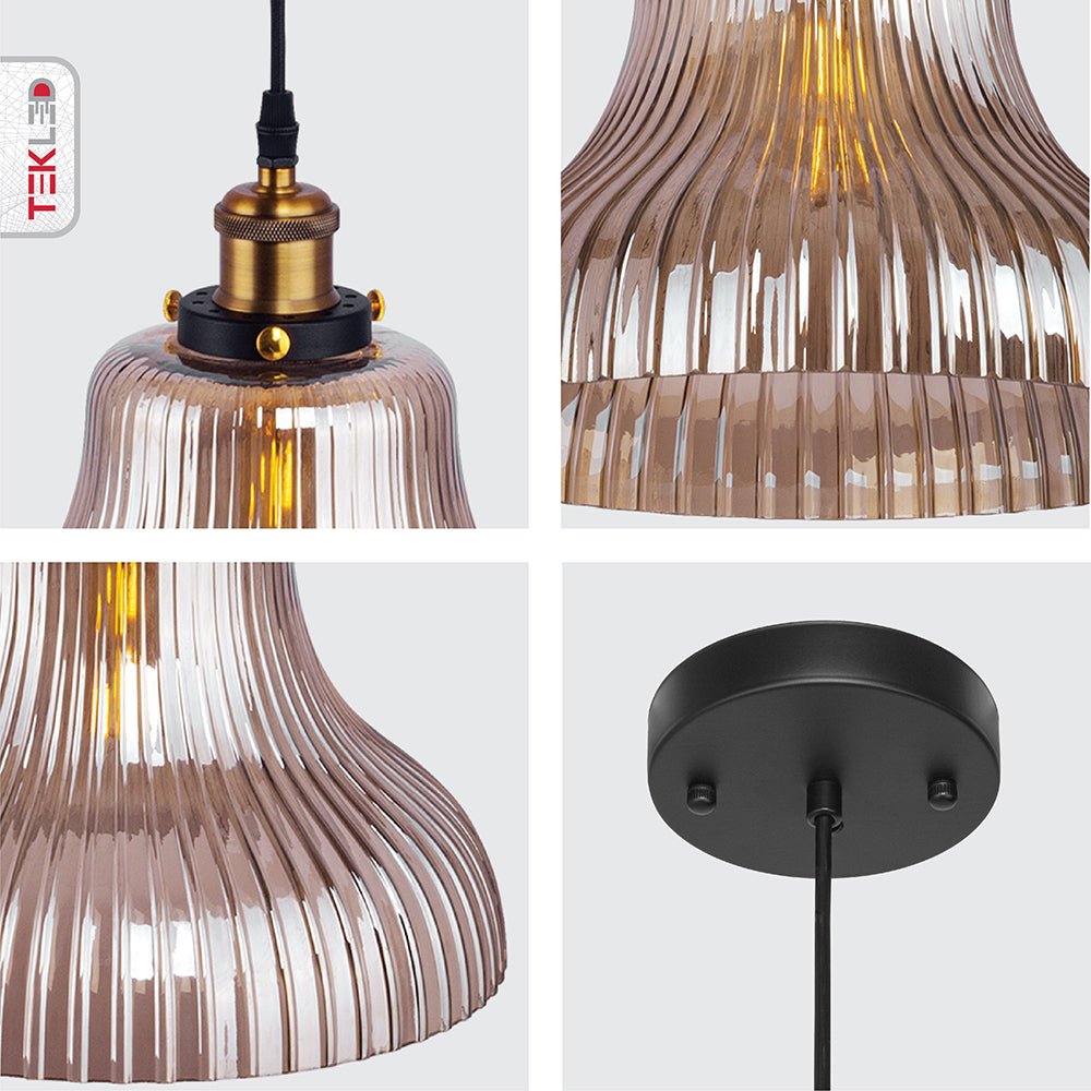 Detailed photo of amber glass cone striped pendant light with e27 fitting