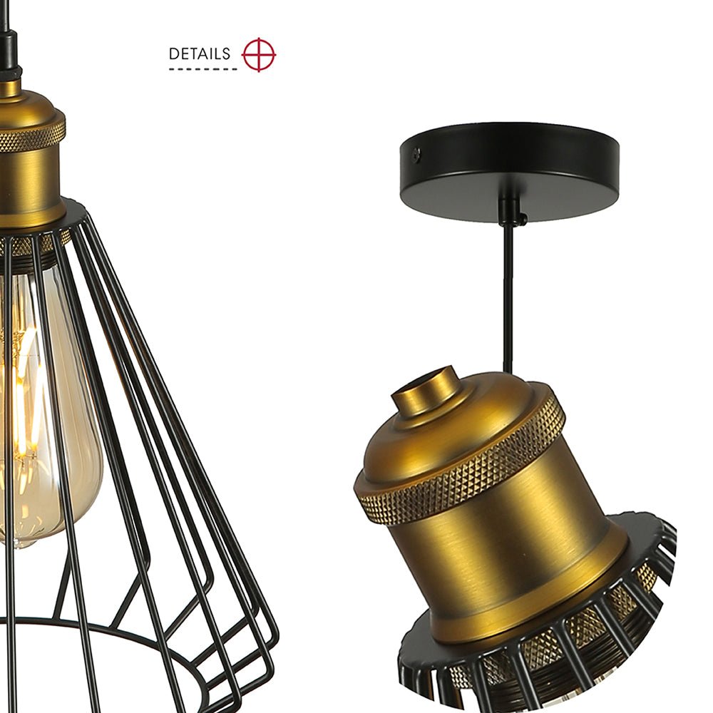 Detailed photo of black metal caged funnel pendant light with e27 fitting