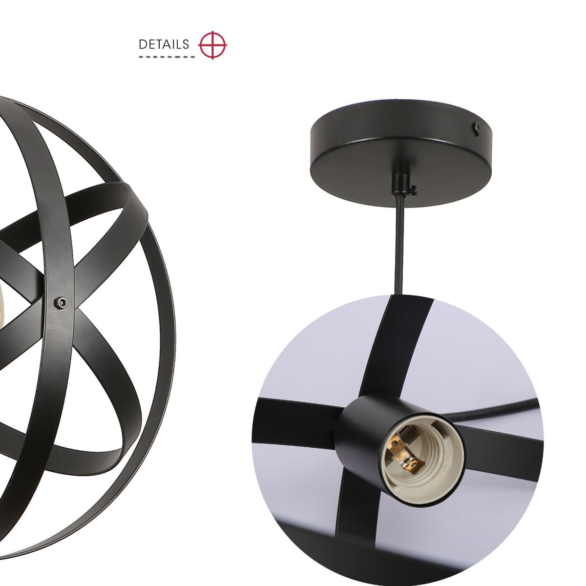 Detailed shots of Black Metal Caged Globe Pendant Ceiling Light with E27 | TEKLED 150-18089