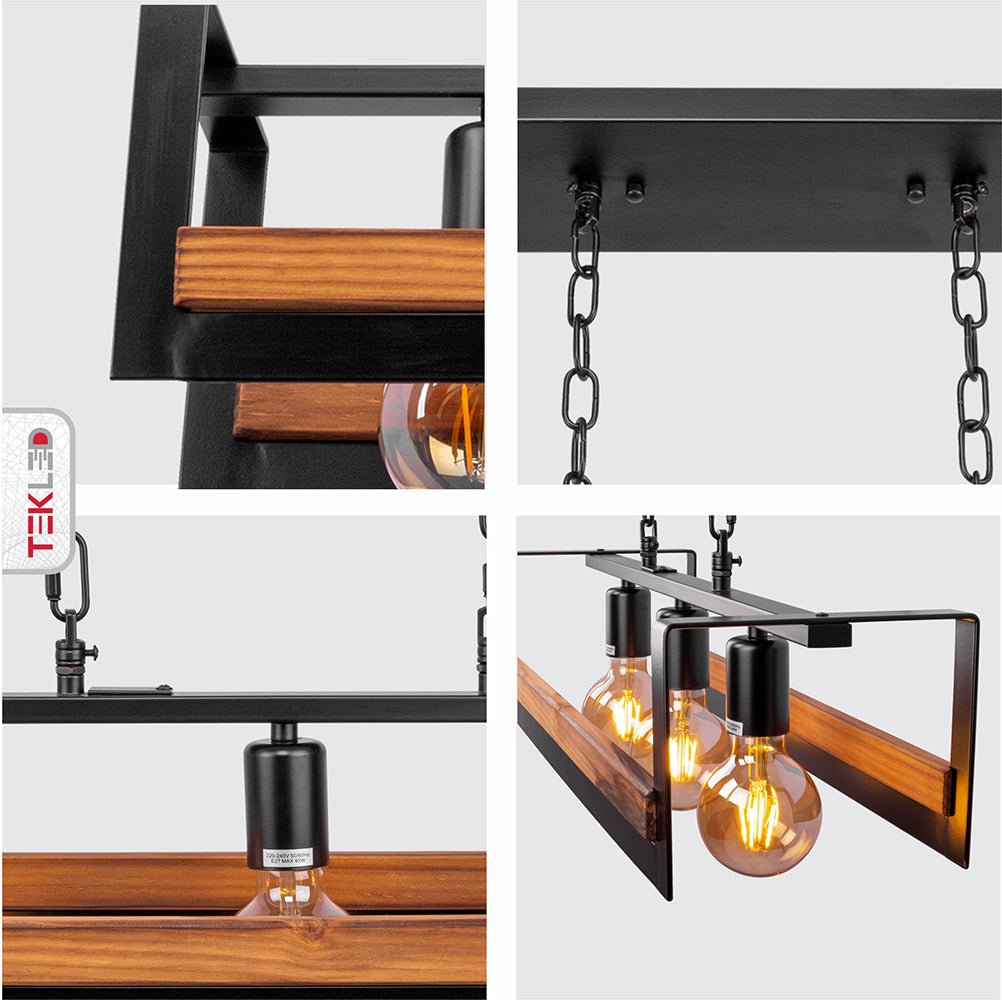 Detailed photo of black metal wood cuboid island chandelier with 3xe27 fitting