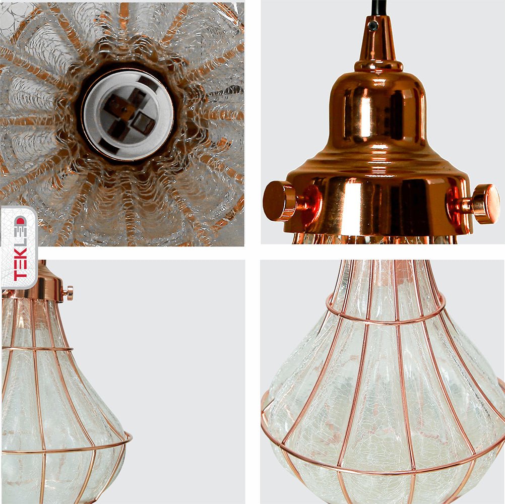 Detailed photo of caged copper metal clear glass step pendant light with e27 fitting