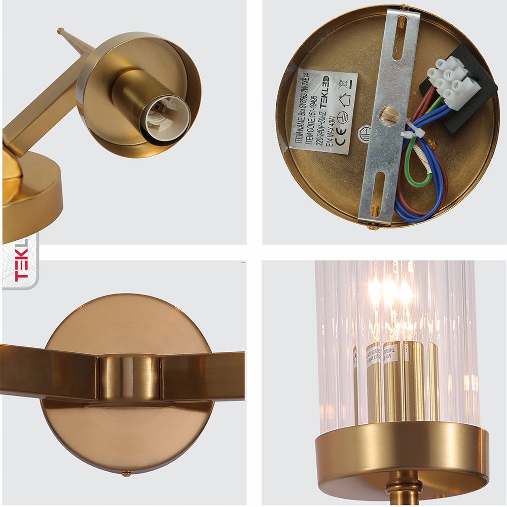 Detailed photo of Gold Aluminium Bronze Cylinder Clear Glass Wall Light with 2xE14 Fitting