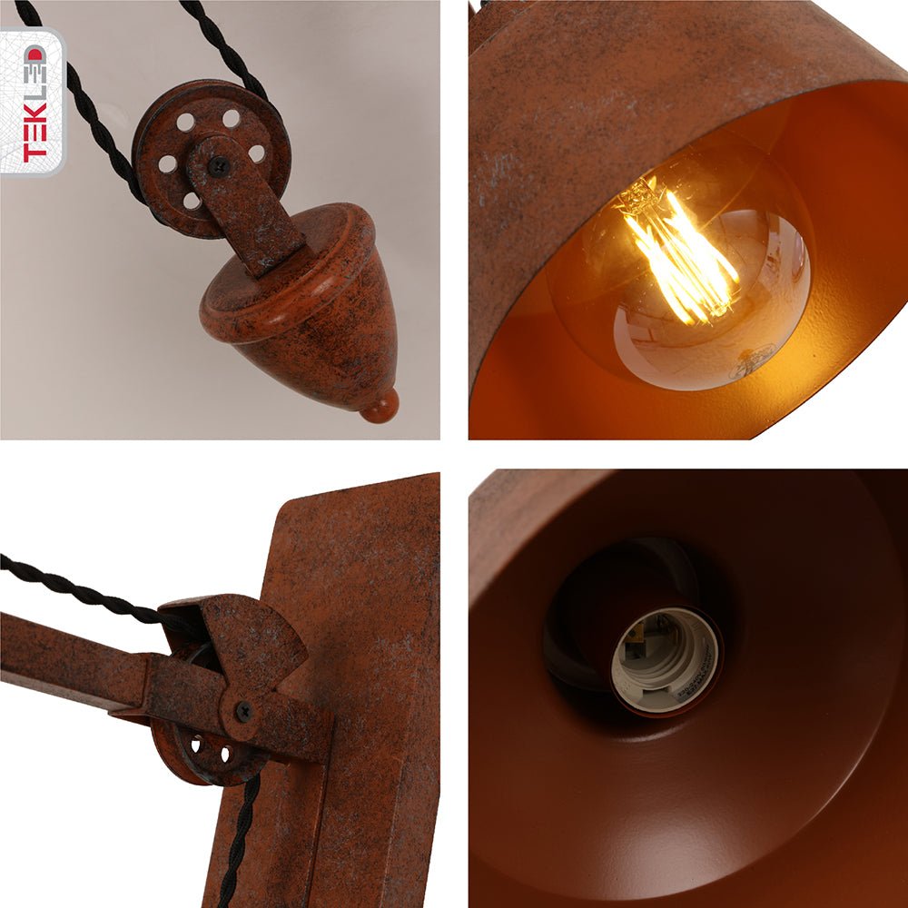 Detailed photo of old brown metal pulley step wall light e27