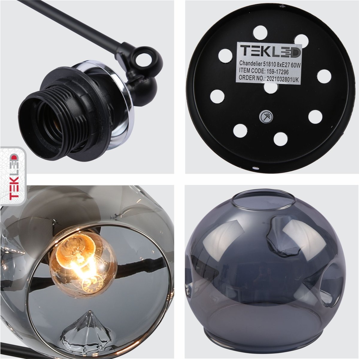 Detailed photo of smoky glass black and chrome semi flush ceiling light 8xe27