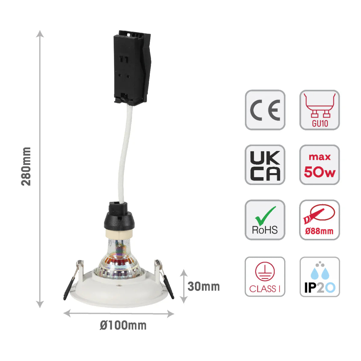 Size and certifications of Large Bezel GU10 Fixed Downlight - Cove Lighting Effect with Dual-Bezel Design 143-04045