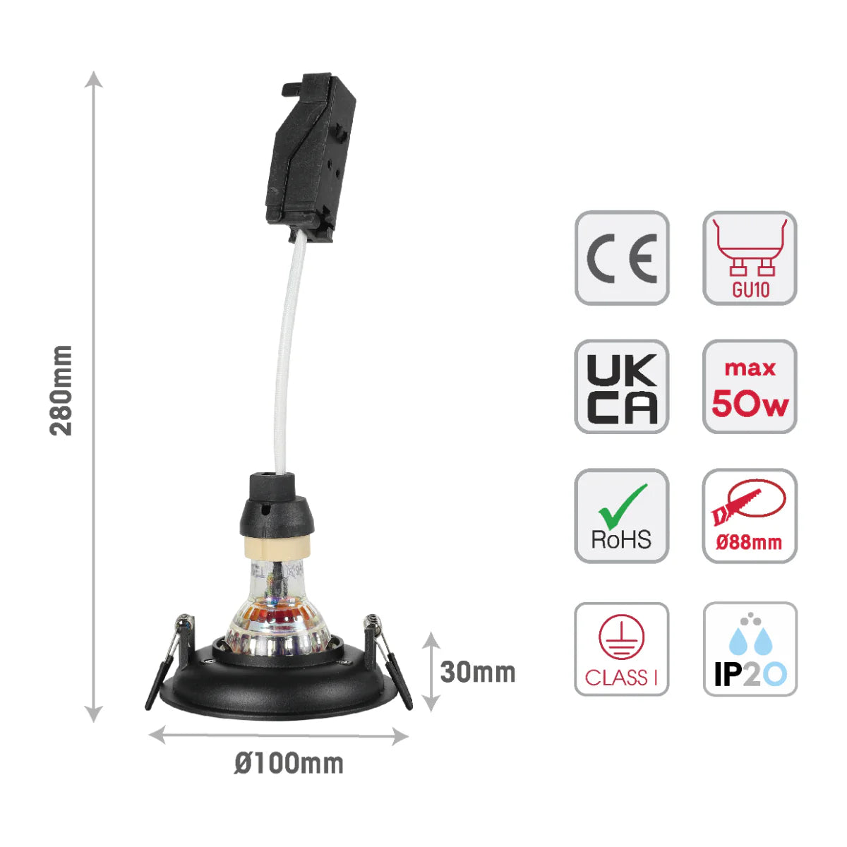 Size and certifications of Large Bezel GU10 Fixed Downlight - Cove Lighting Effect with Dual-Bezel Design 143-04046