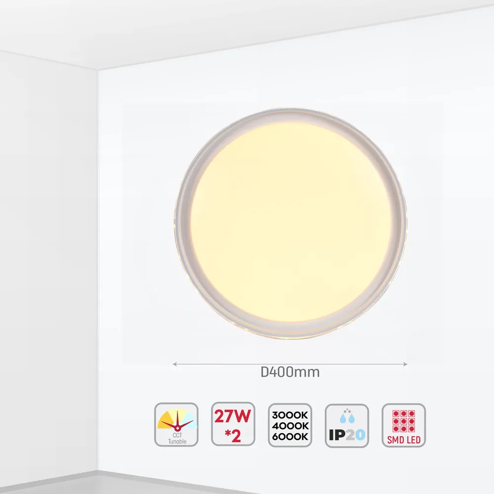 Size and technical specs of the LED Ceiling Lamp White D400 6000K/4000K/3000K 27Wx2(TEKLED)-165-16022