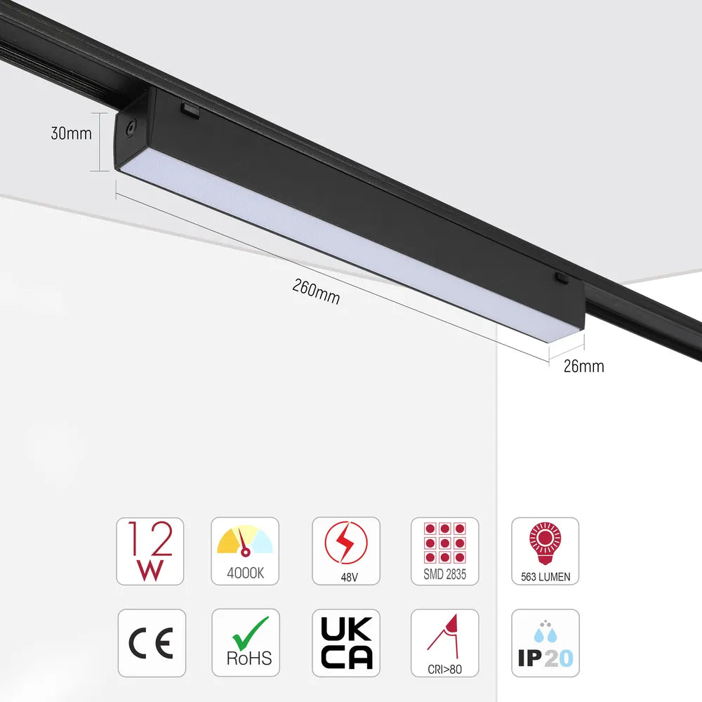 Size and technical specs of the LED Linear Magnetic Track Light 12W 48V Black 4000K(TEKLED)-169-03111-169-03111