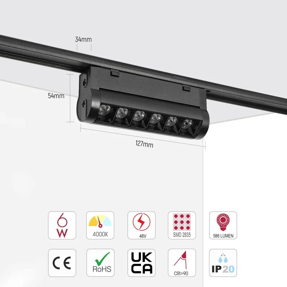 Size and technical specs of the LED Magnetic Adjustable Track Light 6W 48V Black 4000K(TEKLED)-169-03105-169-03105