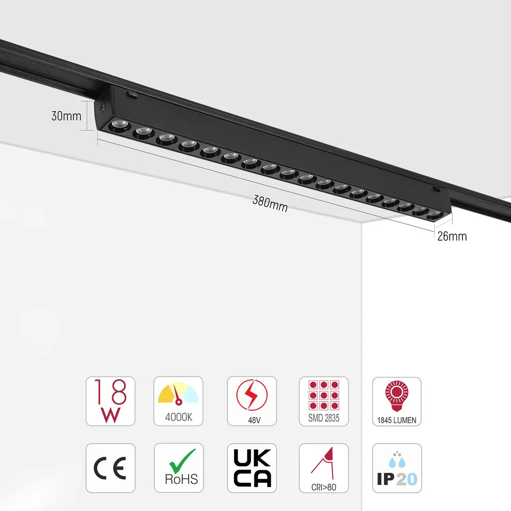 Size and technical specs of the LED Magnetic Track Light 18W 48V Black 4000K(TEKLED)-169-03110-169-03110